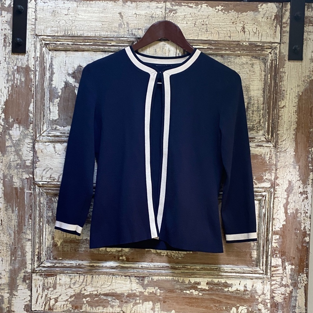 Jacqueline Kennedy Vintage Blue Knit Cardigan White Trim, 3/4 Sleeves, Size S